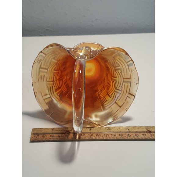 Carnival Glass Basket Candy Dish Basketweave Applied Clear Handle 6" - Picture 8 of 10